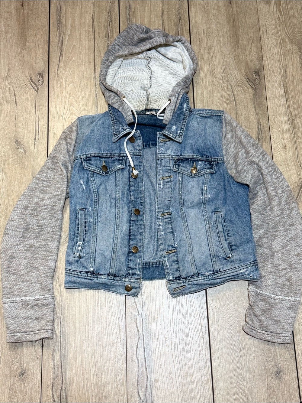 Free People Denim Hoodie Jacket M Distressed Knit Sleeve Jacket - Picture 6 of 16